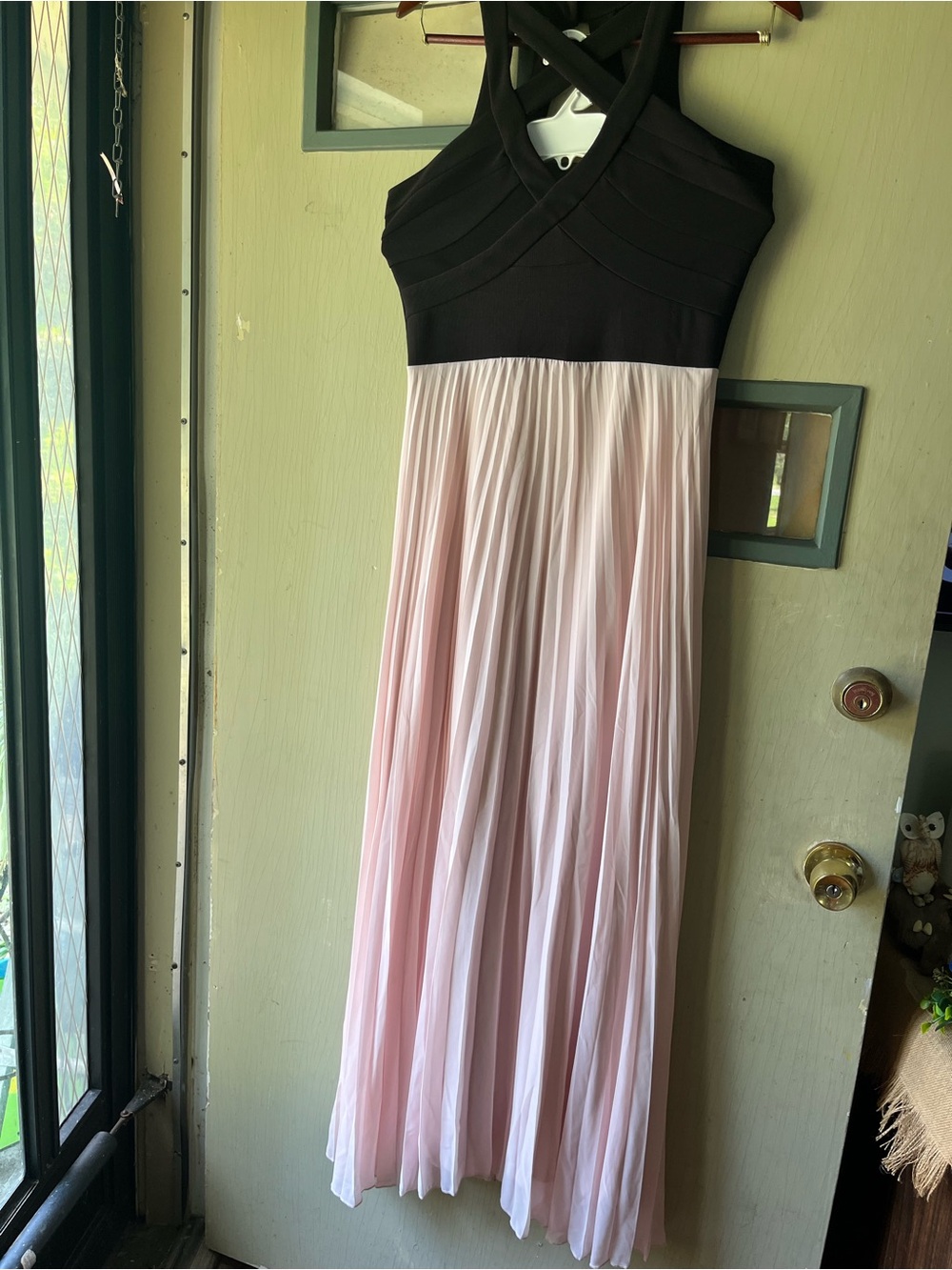 Crystal Doll Black and Blush Pleated Maxi Gown